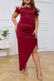 Sexy Casual Solid Draw String Frenulum Slit Off the Shoulder Short Sleeve Dress Plus Size Dresses