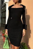 Casual Solid Patchwork Square Collar Long Sleeve Dresses