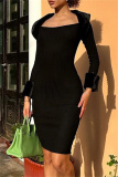 Casual Solid Patchwork Square Collar Long Sleeve Dresses