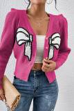 Casual Patchwork Buttons With Bow V Neck Outerwear