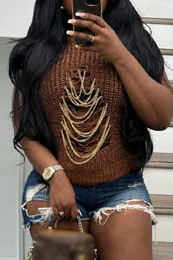 Casual Solid Hollowed Out Patchwork Chains O Neck Tops
