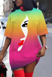 Plus Size Rainbow Color Gredient Round Neck Short Sleeve Midi T-shirt Dresses