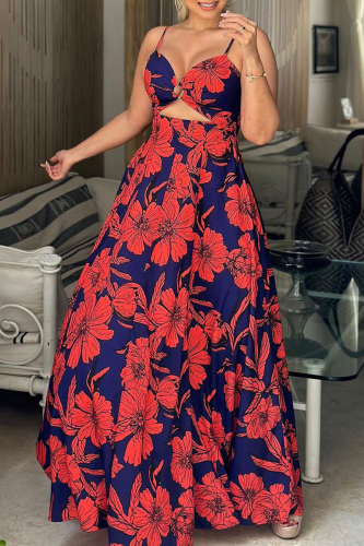 Elegant Print Patchwork Backless Spaghetti Strap A Line Dresses