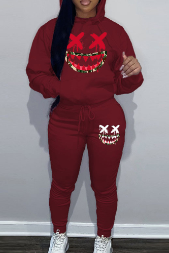 Casual Print Patchwork Draw String Pocket Hooded Collar Long Sleeve Two Pieces