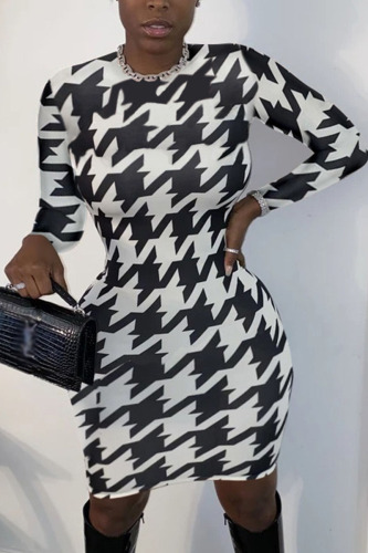 Fashion Sexy Print Patchwork O Neck Long Sleeve Knee Length Printed Dress Dresses
