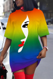 Plus Size Rainbow Color Gredient Round Neck Short Sleeve Midi T-shirt Dresses