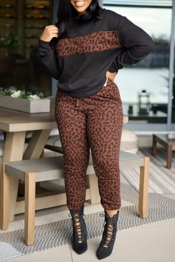 Casual Print Leopard Patchwork O Neck Long Sleeve Two Pieces