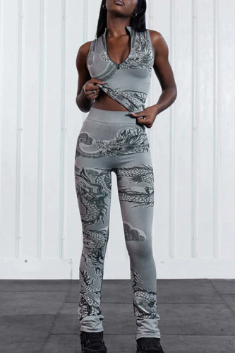 Casual Print Patchwork Zipper Zipper Collar Sleeveless Two Pieces