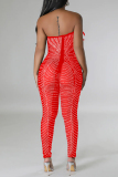 Sexy Casual Patchwork Hot Drilling See-through Backless Strapless Skinny Jumpsuits