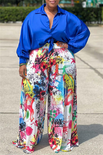 Casual Print Basic Shirt Collar Plus Size Two Pieces