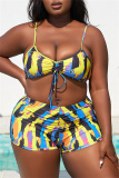 Tie Dye Print Long Sleeve Cardigan Sleeveless Cami Crop Top and Shorts Set Vacation Beach Plus Size Swimwear Three Piece Set