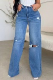 Casual Solid Ripped High Waist Regular Denim Jeans