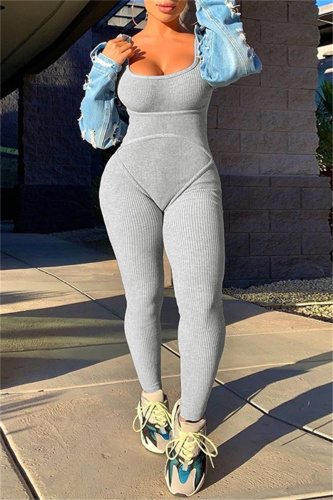 Sexy Casual Sportswear Solid Backless O Neck Skinny Jumpsuits