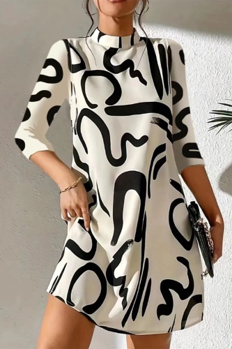 Casual Print Basic Half A Turtleneck A Line Dresses