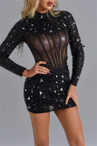 Sexy Patchwork Sequins See-through Beading Half A Turtleneck Long Sleeve Dresses