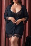 Sexy Solid See-through V Neck Plus Size Sleepwear