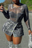 Casual Print Patchwork See-through O Neck Long Sleeve Two Pieces