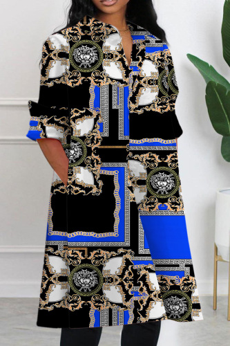 Casual Print Patchwork Shirt Collar Long Sleeve Dresses
