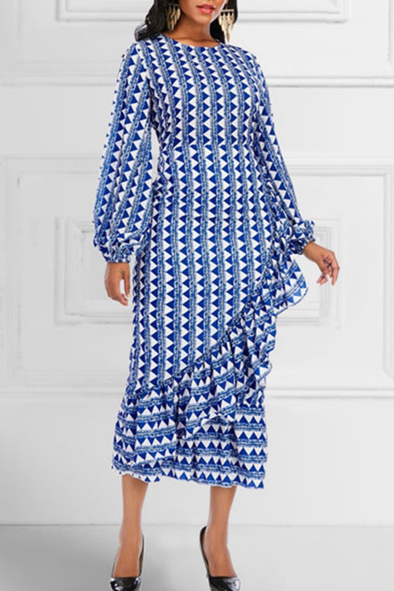 Elegant Print Patchwork O Neck Long Dresses