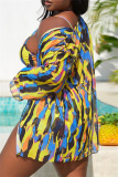 Tie Dye Print Long Sleeve Cardigan Sleeveless Cami Crop Top and Shorts Set Vacation Beach Plus Size Swimwear Three Piece Set
