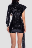 Sexy Patchwork Sequins Asymmetrical Turtleneck Wrapped Skirt Dresses