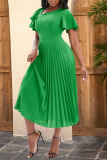 Casual Solid Pleated Oblique Collar Short Sleeve Dress Dresses