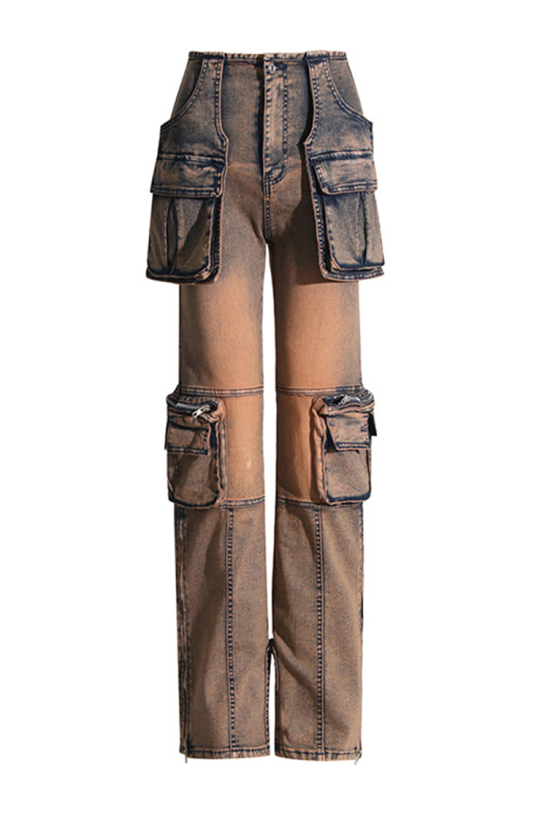 Casual Patchwork Pocket High Waist Straight Denim Jeans