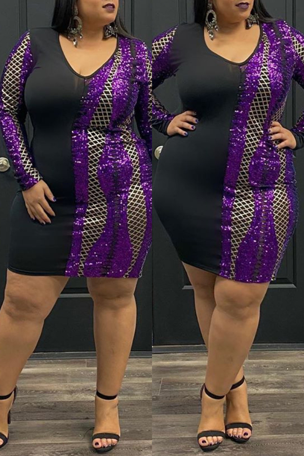 Casual Patchwork Hollowed Out Long Sleeve Plus Size Dresses