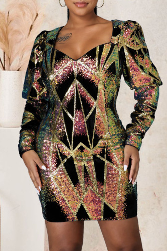 Casual Patchwork Sequins V Neck Long Sleeve Dresses
