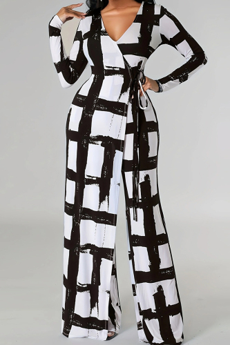 Elegant Print Bandage Patchwork V Neck Plus Size Jumpsuits