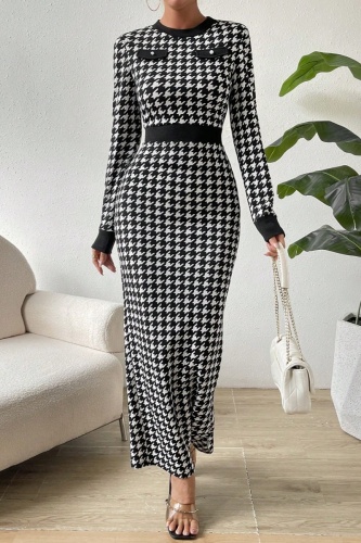 Casual Print Patchwork Slit O Neck Long Sleeve Dresses