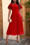 Casual Solid Pleated Oblique Collar Short Sleeve Dress Dresses