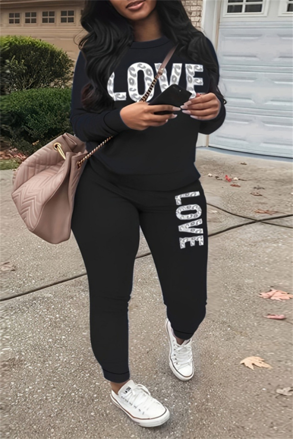 Casual Print Basic O Neck Plus Size Two Pieces
