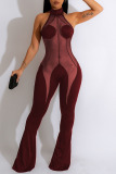 Sexy Solid Patchwork See-through Backless Halter Straight Jumpsuits