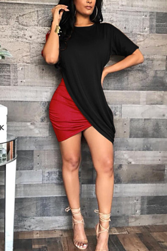 Sexy O Neck Drape Design Irregular Short-sleeved Dress