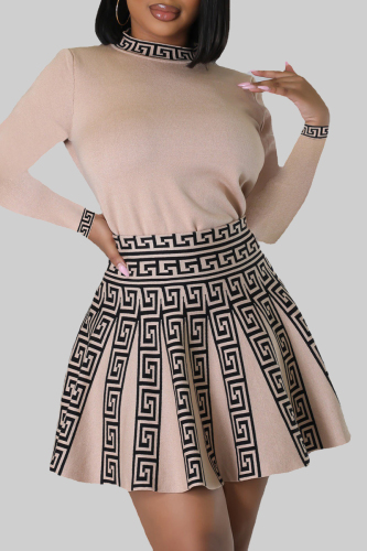 Apricot Sweet Print Patchwork O Neck A Line Dresses