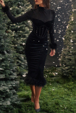 Celebrities Elegant Solid Feathers Turtleneck Waist Skirt Dresses