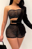 Sexy Solid Backless Asymmetrical Hot Drill Strapless Long Sleeve Three Piece Set