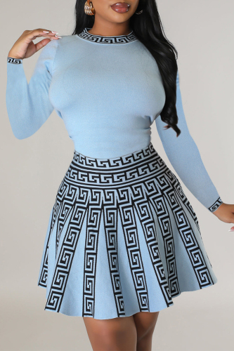Sky Blue Sweet Print Patchwork O Neck A Line Dresses