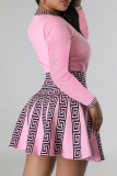 Pink Sweet Print Patchwork O Neck A Line Dresses