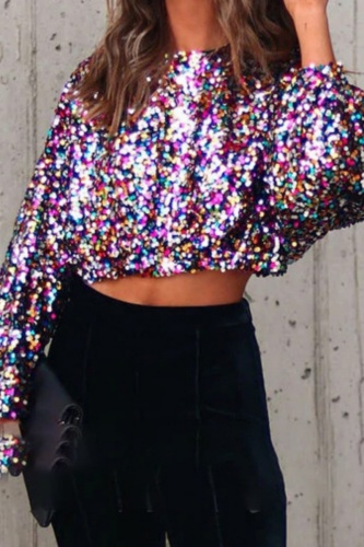 Casual Patchwork Sequins O Neck Tops
