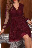 Casual Solid Patchwork See-through Basic V Neck Long Sleeve Dresses