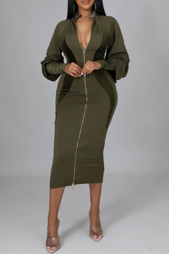 Casual Solid Patchwork Zipper Collar Long Sleeve Dresses