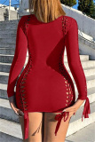 Casual Solid Hollowed Out Frenulum O Neck Long Sleeve Dresses