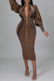 Casual Solid Patchwork Zipper Collar Long Sleeve Dresses