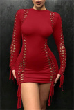 Casual Solid Hollowed Out Frenulum O Neck Long Sleeve Dresses