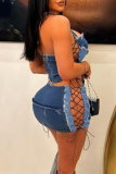 Denim Sexy Solid Hollowed Out Patchwork Pocket Cross Lace Up Sleeveless Crop Tops Mini Skirts Two Piece Sets
