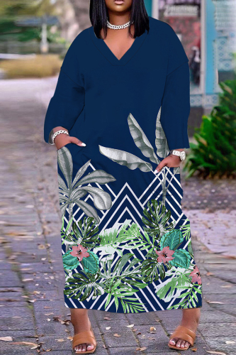 Casual Print Basic V Neck Long Dress Dresses