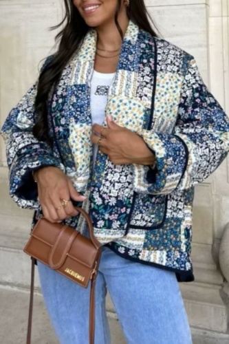 Casual Print Patchwork Turndown Collar Outerwear