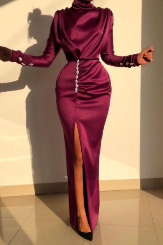 Formal Evening Party Turtleneck Front Slit Long Ruched Bodycon Maxi Satin Dresses